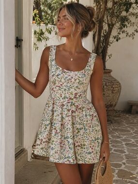 Sincerely Jules Floral Linen Blend Mini Dress Cottagecore Coquette Feminine S
